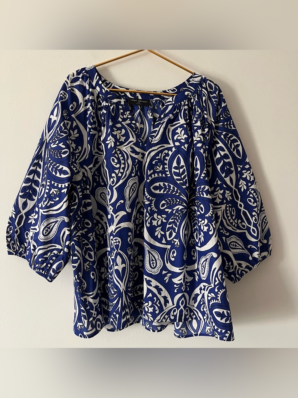 Lane Bryant Cobalt Blue White Paisley Floral Boho Printed Peasant Blouse 22 24